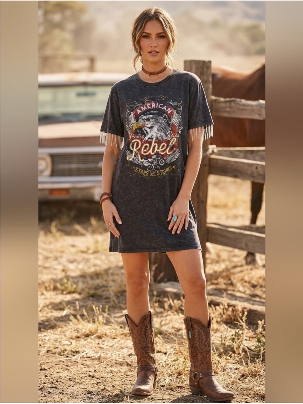 Mimi Chica American Rebel Graphic Blk Acid Wash T Shirt Dress Fringe Cuff S NWT